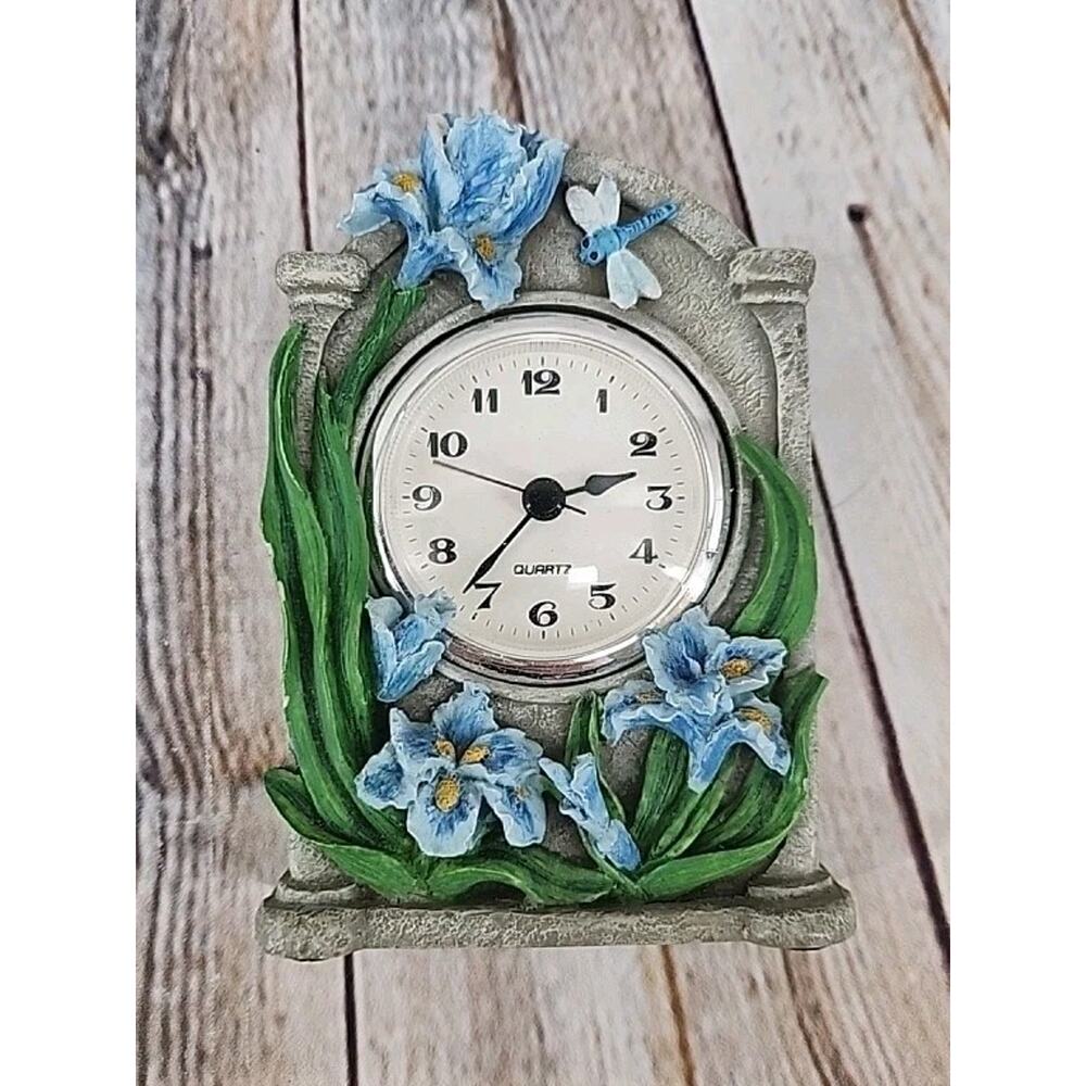 Vintage Shontek Quartz Dragonfly Blue Florwers Table Clock WORKS